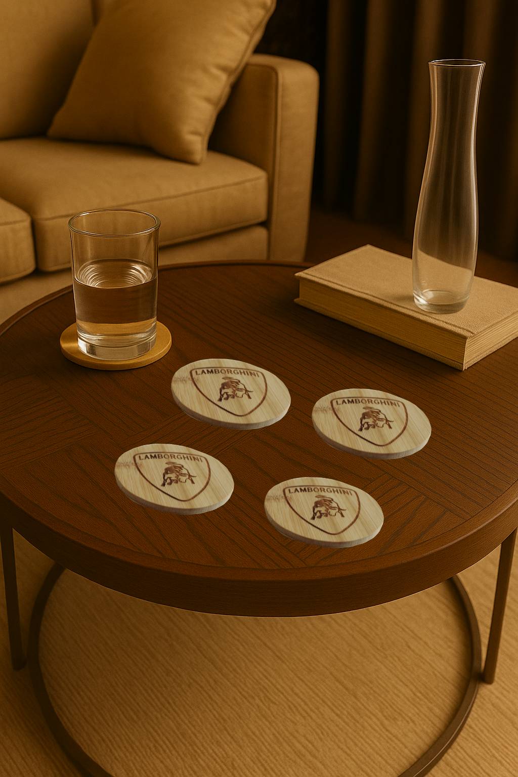 Dessous de verre en bambou gravé blason Lamborghini