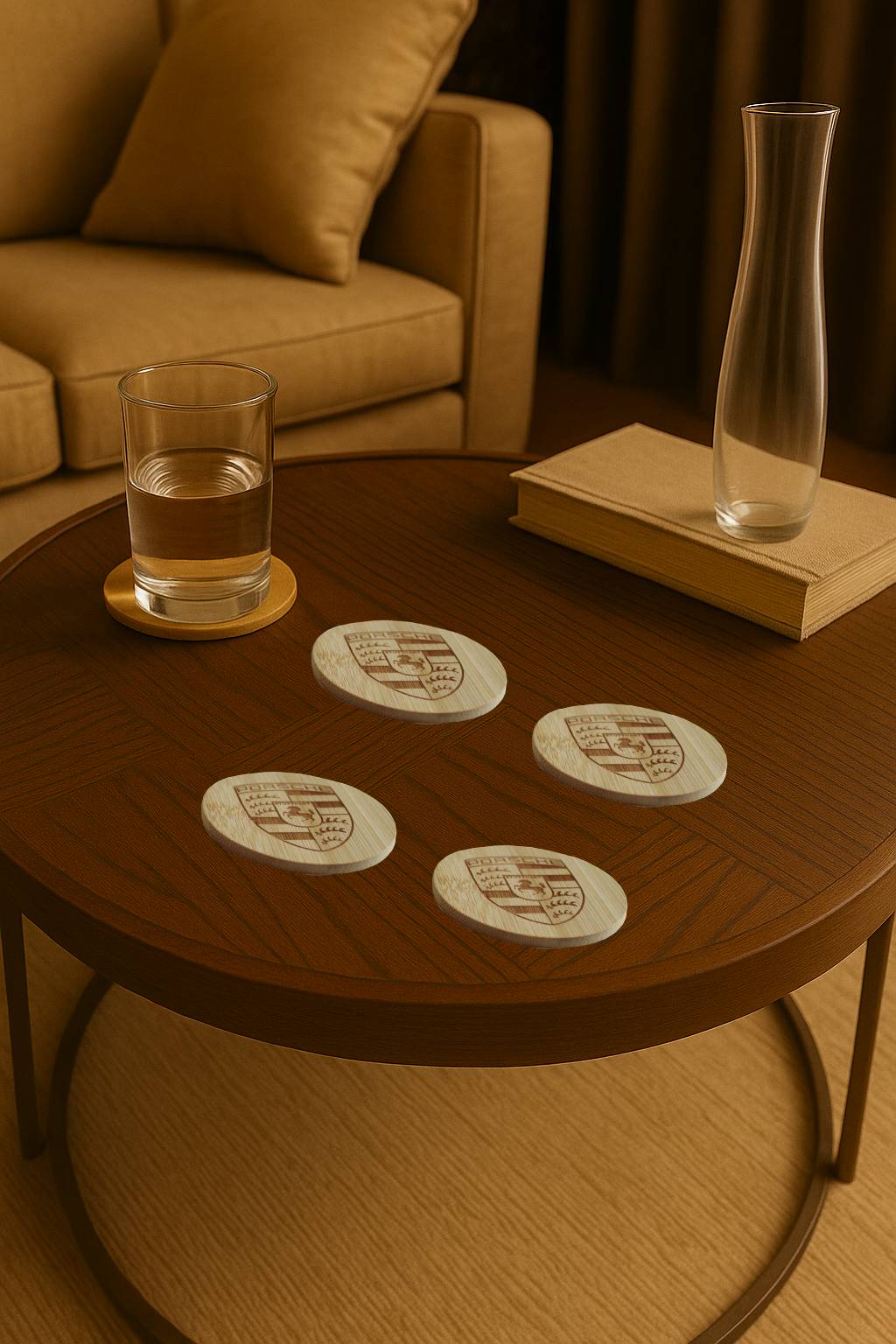 Dessous de verre en bambou gravé blason Porsche