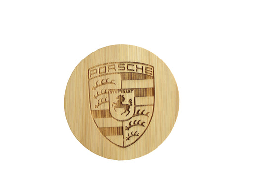 Dessous de verre en bambou gravé blason Porsche